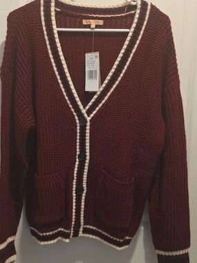 Ribbed V-Neck Button Cardigan Sweater - Rust with Cream Trim